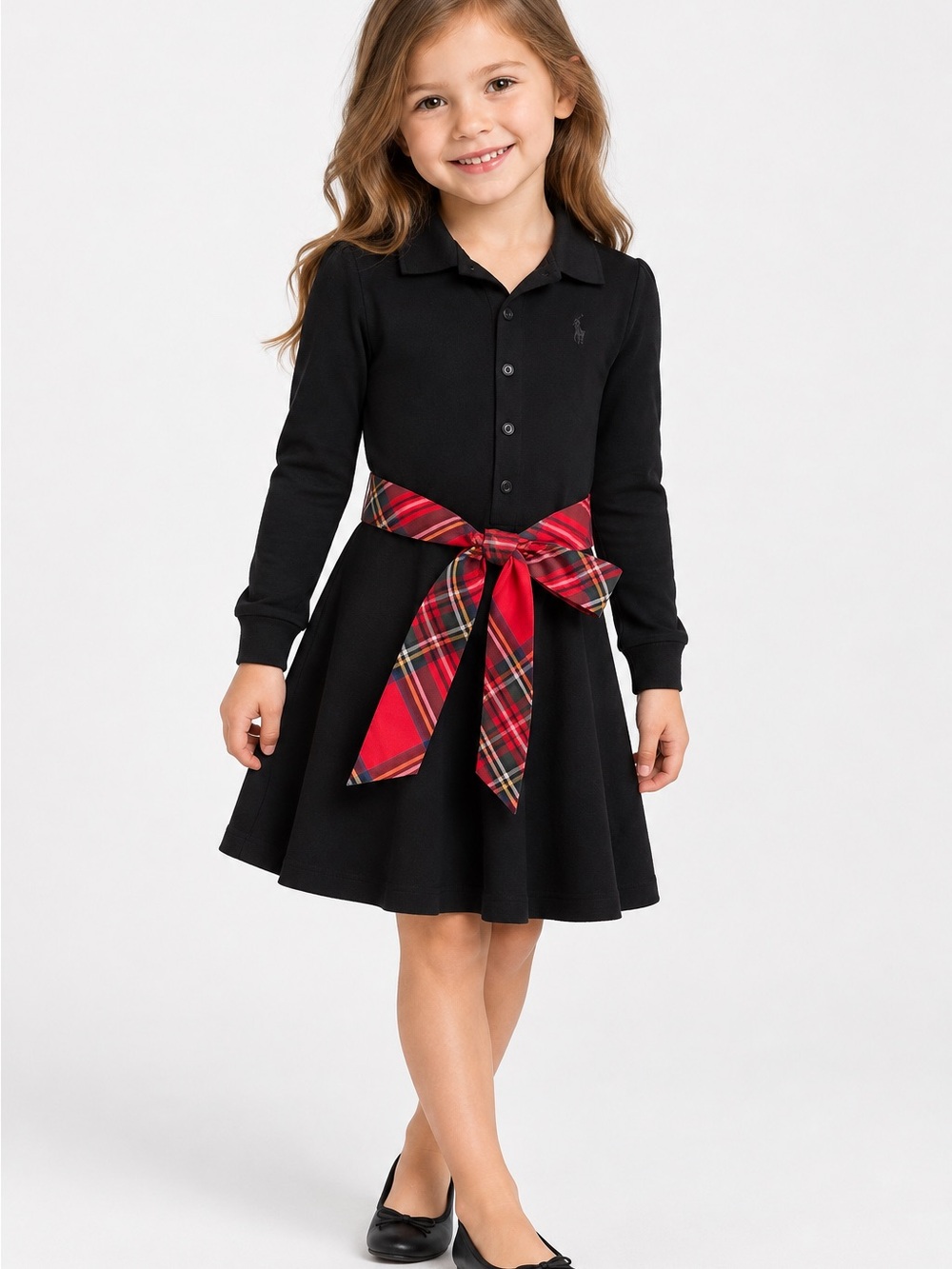 Ralph Lauren Black Polo Dress with Red Plaid Tie Belt - Girls Size 5